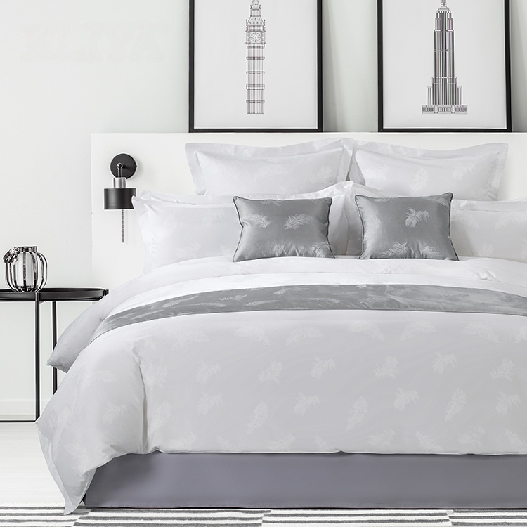 Classic Luxury 100% Cotton White Feather Pattern Jacquard Hotel Linen Bedroom Bedding Sheet Set