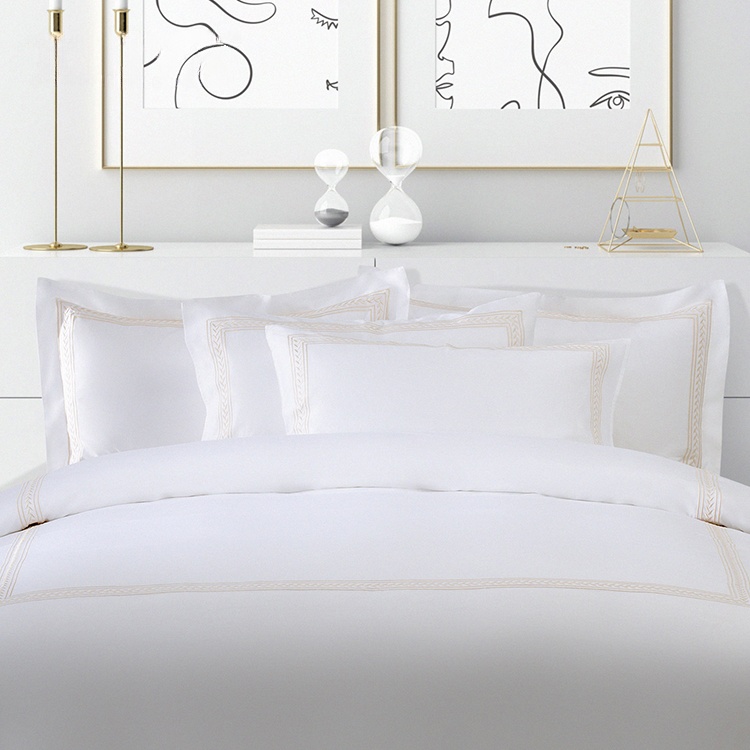 Factory White 6080S 100% Cotton Golden Embroidered Hotel Bedroom Bedding Sheet Set