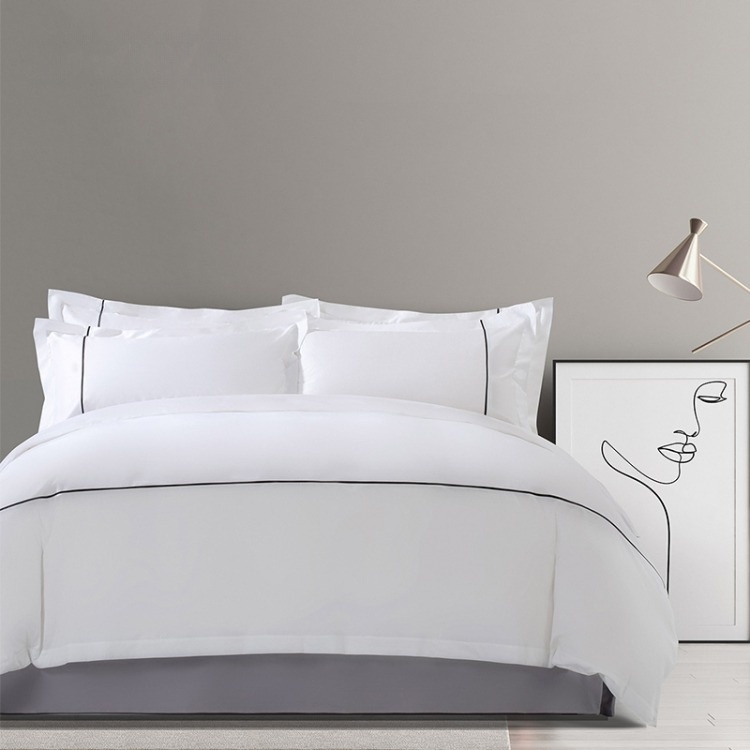 Plain White 6080s Pure Cotton False Piping Hotel Bedroom Bedding Sheet Set