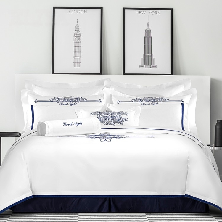Blue Embroidery 100% Cotton Hotel Bedding Set logo Luxury 5 Star Hotel Bed Sheet Set Wholesale