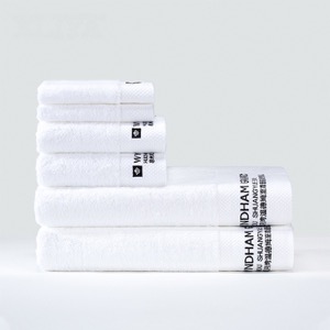 Logotipo azul bordado personalizado de la toalla de baño de la frontera del Dobby del hotel de cinco estrellas del algodón